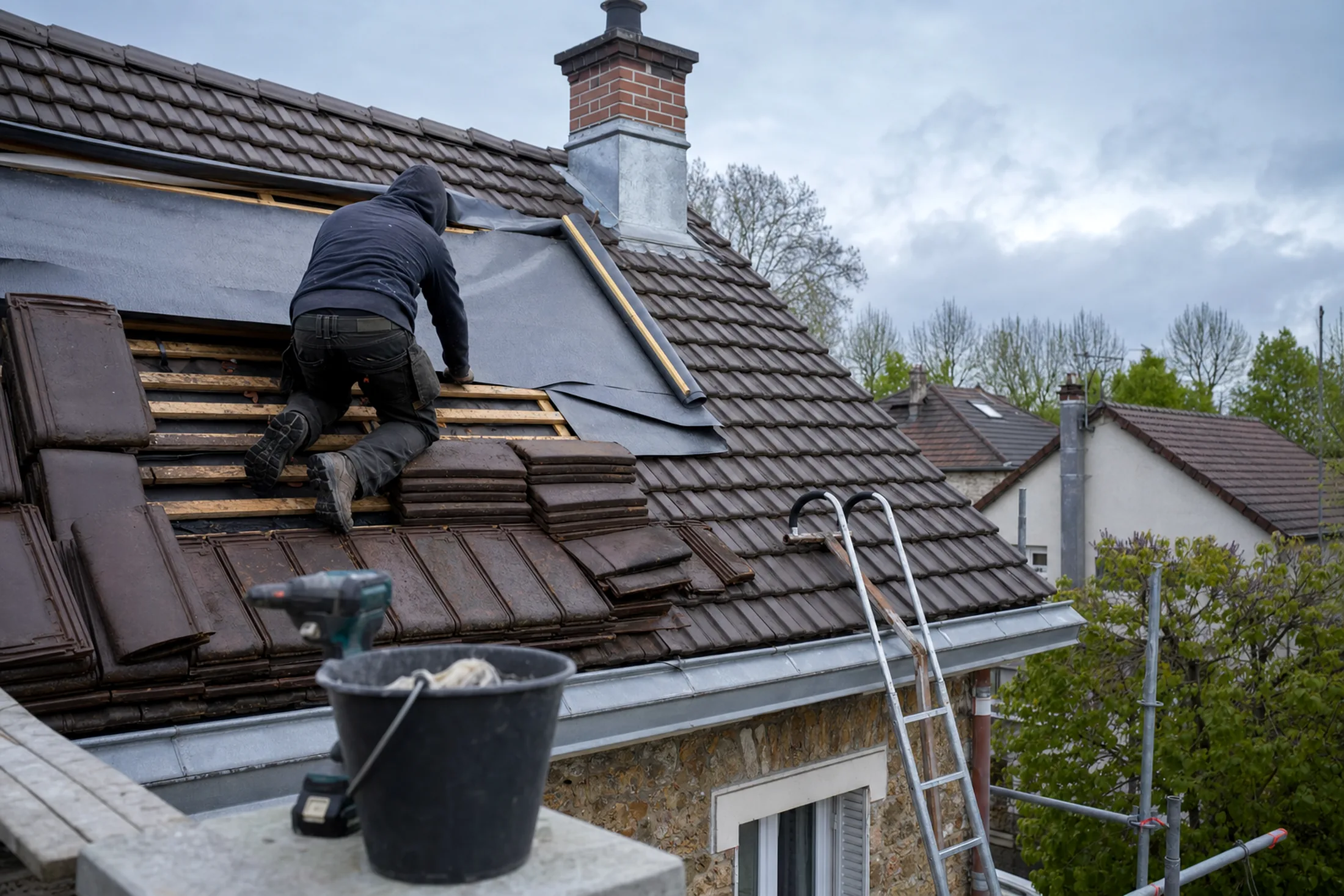 Bâchage d’urgence sur un versant de toiture après une fuite, avant intervention et expertise